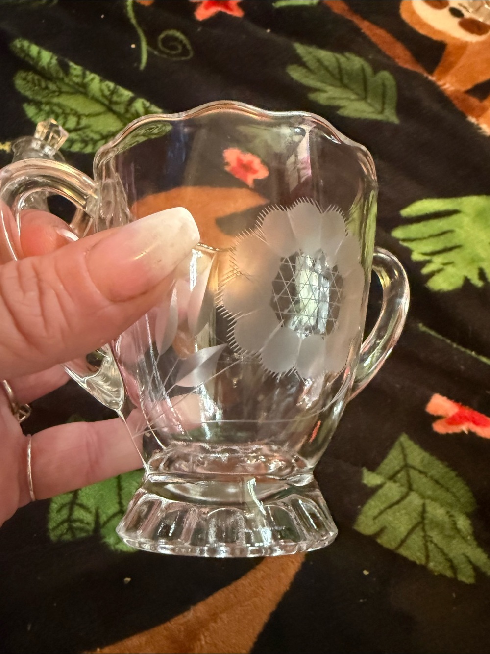 Corn flower Clear Etched Glass Sugar Bowl and creamer with Floral Motif - Clear